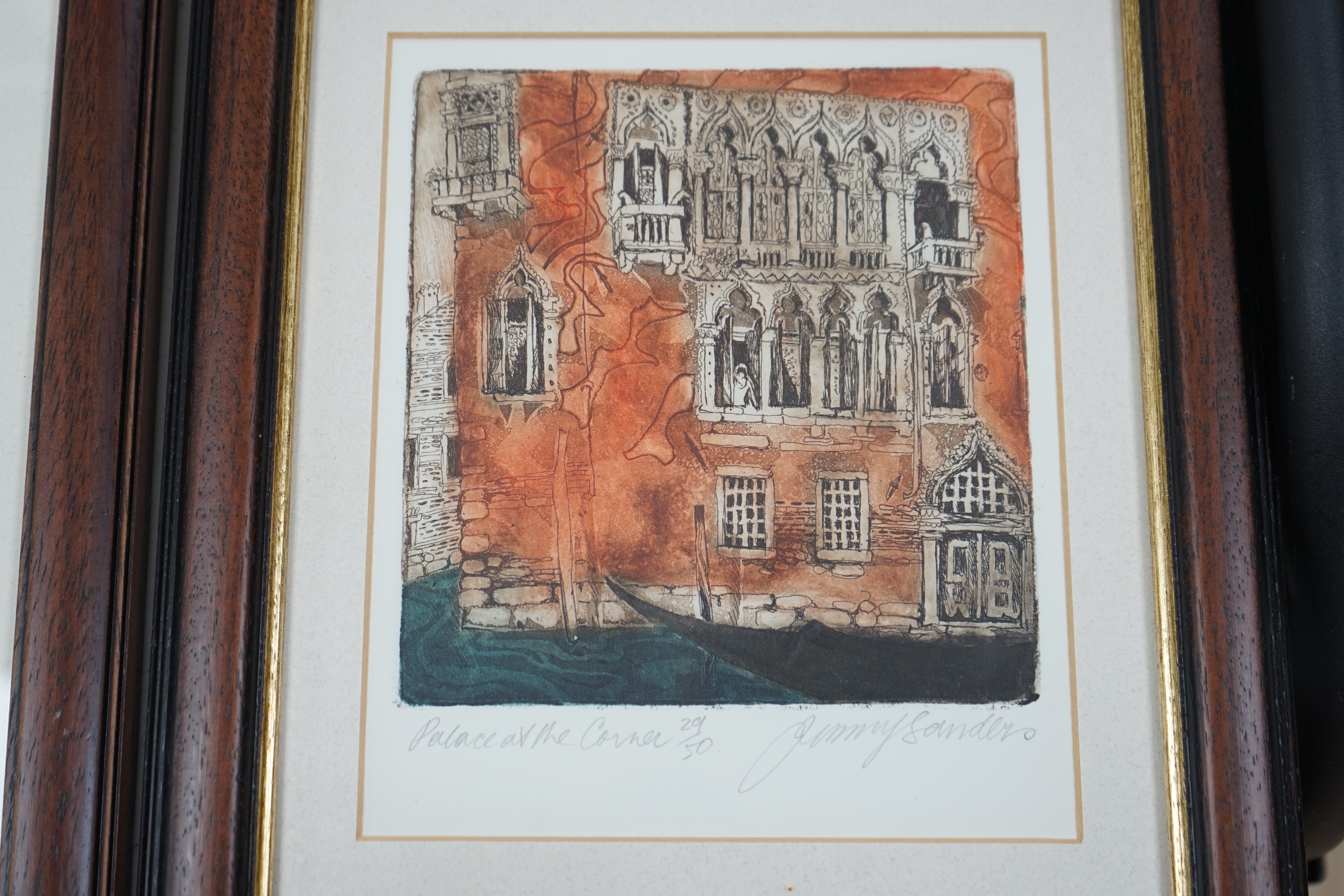 Jenny Sanders, four colour etchings, Venetian scenes including ‘Santa Maria Dei Miracoli’ and ‘View from the Bavolo’, three pencil signed and limited edition, largest 52 x 40cm. Condition - good